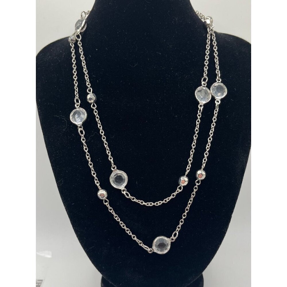 Silvertone Rhinestone Accent Long Chain Necklace Stackable Dainty Elevated Basic